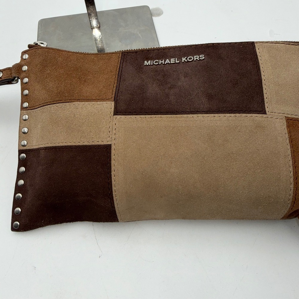 Michael Kors Suede Patchwork Studded Wristlet Clutch Brown Tan Silver Studs - Picture 5 of 13